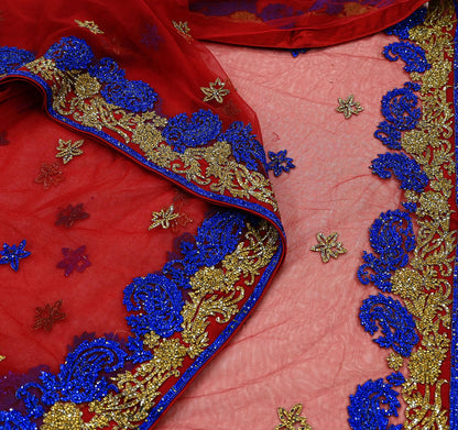 Indian Vintage Heavy Sari Red Net/Mesh Hand Embroidered Sarees Craft Fabric 6Yd Sewing Soft Zardozi Wedding sarees With Blouse fabric