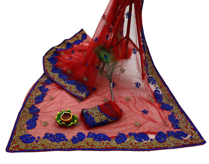 Indian Vintage Heavy Sari Red Net/Mesh Hand Embroidered Sarees Craft Fabric 6Yd Sewing Soft Zardozi Wedding sarees With Blouse fabric