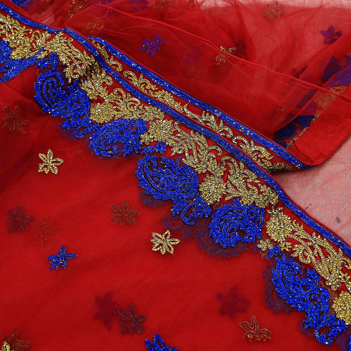 Indian Vintage Heavy Sari Red Net/Mesh Hand Embroidered Sarees Craft Fabric 6Yd Sewing Soft Zardozi Wedding sarees With Blouse fabric