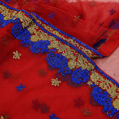 Indian Vintage Heavy Sari Red Net/Mesh Hand Embroidered Sarees Craft Fabric 6Yd Sewing Soft Zardozi Wedding sarees With Blouse fabric