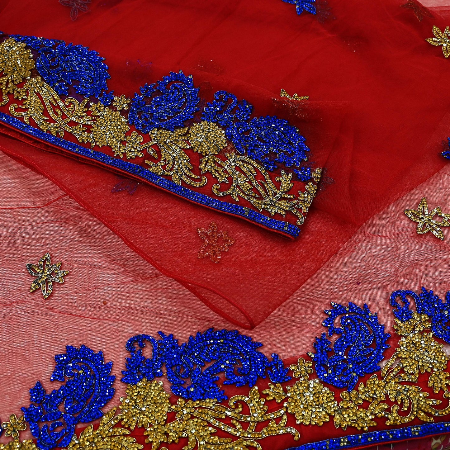 Indian Vintage Heavy Sari Red Net/Mesh Hand Embroidered Sarees Craft Fabric 6Yd Sewing Soft Zardozi Wedding sarees With Blouse fabric
