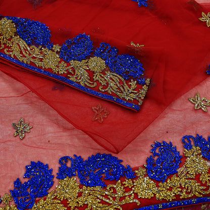 Indian Vintage Heavy Sari Red Net/Mesh Hand Embroidered Sarees Craft Fabric 6Yd Sewing Soft Zardozi Wedding sarees With Blouse fabric