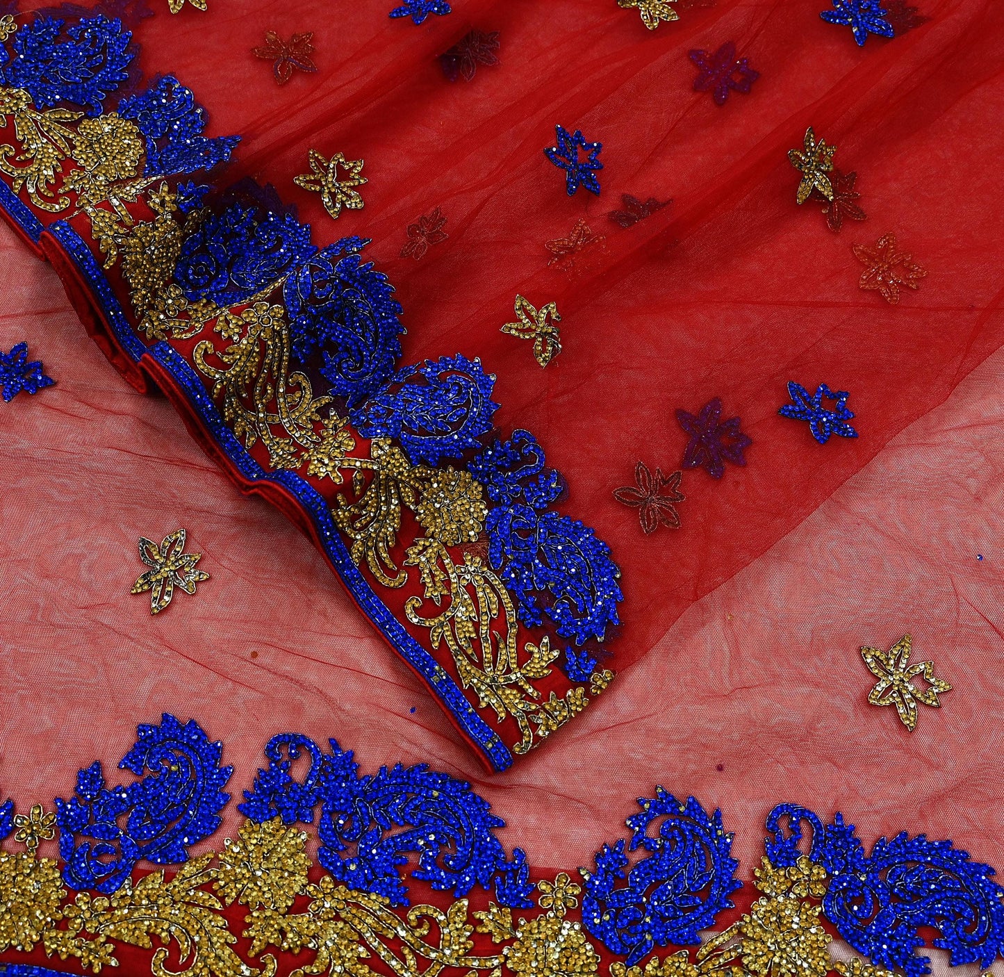 Indian Vintage Heavy Sari Red Net/Mesh Hand Embroidered Sarees Craft Fabric 6Yd Sewing Soft Zardozi Wedding sarees With Blouse fabric