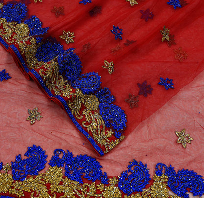 Indian Vintage Heavy Sari Red Net/Mesh Hand Embroidered Sarees Craft Fabric 6Yd Sewing Soft Zardozi Wedding sarees With Blouse fabric