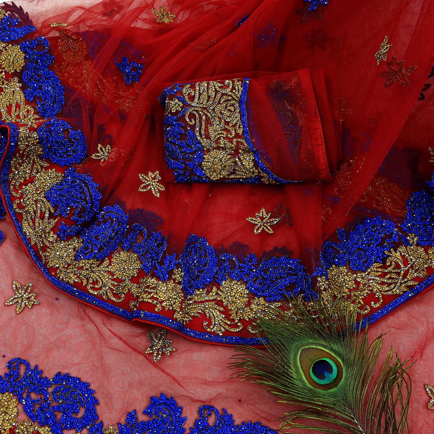 Indian Vintage Heavy Sari Red Net/Mesh Hand Embroidered Sarees Craft Fabric 6Yd Sewing Soft Zardozi Wedding sarees With Blouse fabric