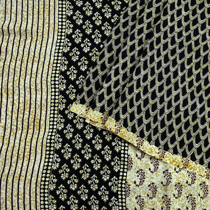 Indian Vintage Sari Ivory & Black Pure Crepe Silk Printed Saree 5yd Sewing Floral Soft Craft Fabric Wrap Dress Making Crafting Quilting