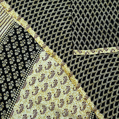 Indian Vintage Sari Ivory & Black Pure Crepe Silk Printed Saree 5yd Sewing Floral Soft Craft Fabric Wrap Dress Making Crafting Quilting