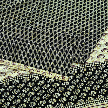 Indian Vintage Sari Ivory & Black Pure Crepe Silk Printed Saree 5yd Sewing Floral Soft Craft Fabric Wrap Dress Making Crafting Quilting