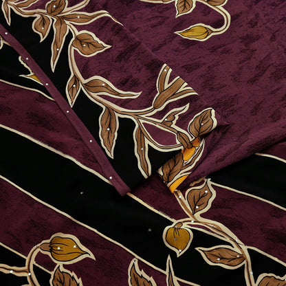 Indian Vintage Brown Saree Pure Crepe Silk Block Printed Sari 5yd Sewing Floral Soft Craft Fabric Wrap Dress Making Crafting Quilting
