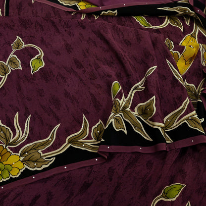 Indian Vintage Brown Saree Pure Crepe Silk Block Printed Sari 5yd Sewing Floral Soft Craft Fabric Wrap Dress Making Crafting Quilting