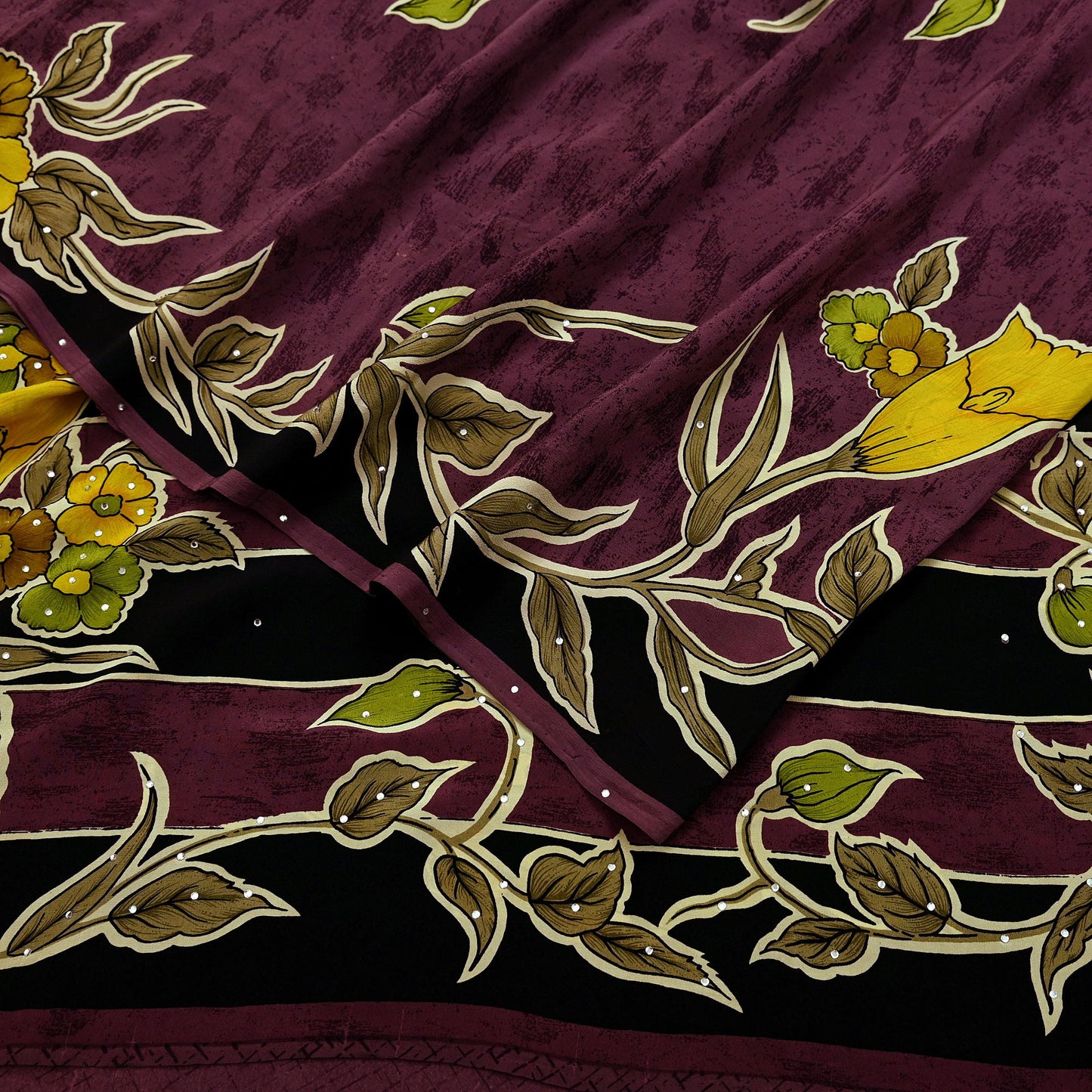 Indian Vintage Brown Saree Pure Crepe Silk Block Printed Sari 5yd Sewing Floral Soft Craft Fabric Wrap Dress Making Crafting Quilting