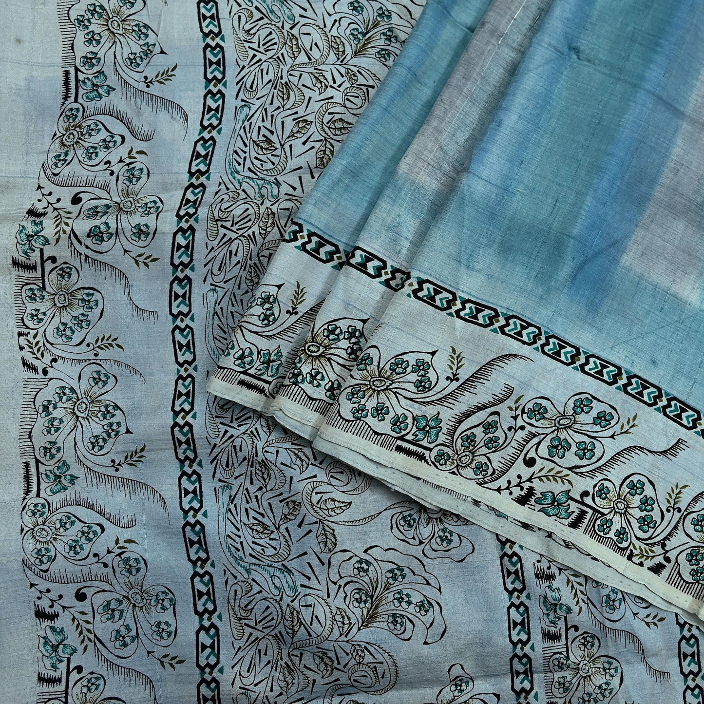 Indian Vintage Sari Gray & Blue Pure Silk Printed Saree 5yd Craft Fabric Sewing Floral Soft Dress Making Wrap used Quilting Crafting Upcycle