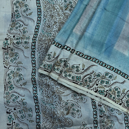 Indian Vintage Sari Gray & Blue Pure Silk Printed Saree 5yd Craft Fabric Sewing Floral Soft Dress Making Wrap used Quilting Crafting Upcycle