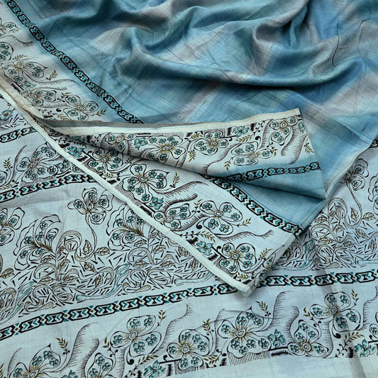Indian Vintage Sari Gray & Blue Pure Silk Printed Saree 5yd Craft Fabric Sewing Floral Soft Dress Making Wrap used Quilting Crafting Upcycle