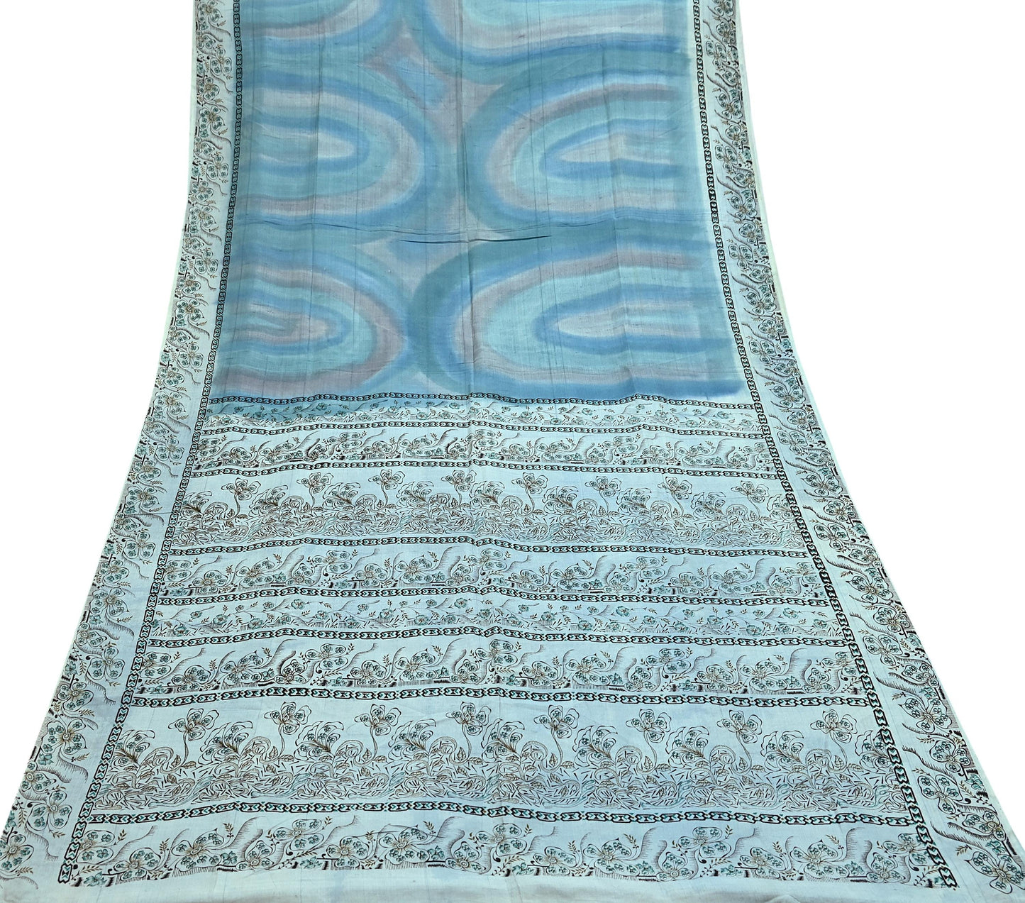 Indian Vintage Sari Gray & Blue Pure Silk Printed Saree 5yd Craft Fabric Sewing Floral Soft Dress Making Wrap used Quilting Crafting Upcycle