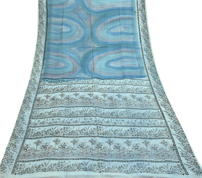 Indian Vintage Sari Gray & Blue Pure Silk Printed Saree 5yd Craft Fabric Sewing Floral Soft Dress Making Wrap used Quilting Crafting Upcycle