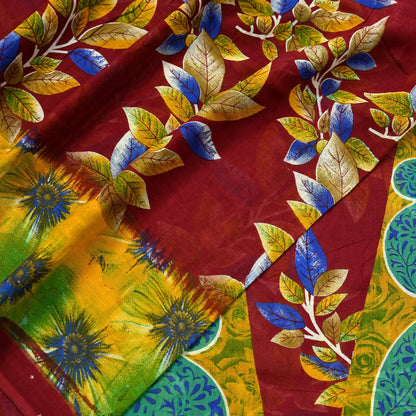 Indian Vintage Sari Maroon Printed Pure Cotton Saree Fabric Soft Floral 5Yd Sarong Wrap Boho Fabric Kimono Soft Dress Making Quilting