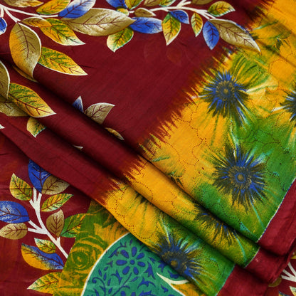 Indian Vintage Sari Maroon Printed Pure Cotton Saree Fabric Soft Floral 5Yd Sarong Wrap Boho Fabric Kimono Soft Dress Making Quilting