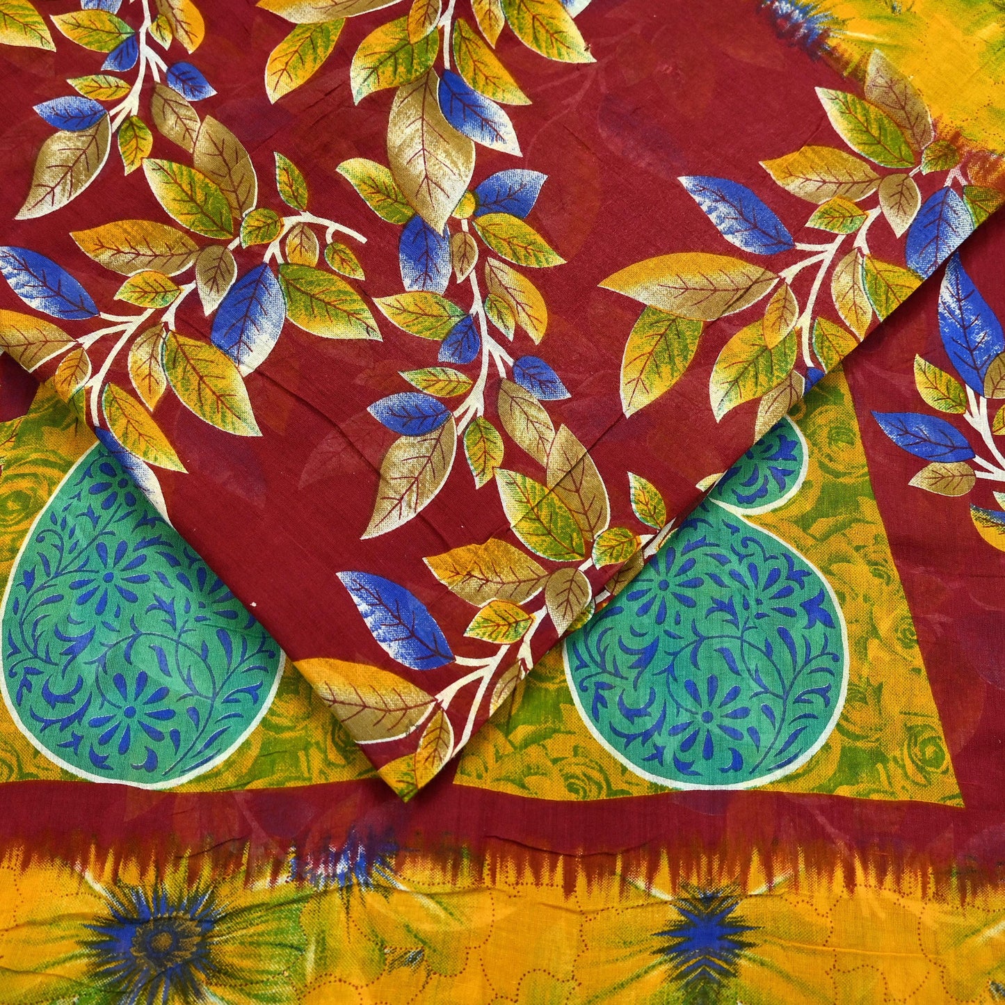 Indian Vintage Sari Maroon Printed Pure Cotton Saree Fabric Soft Floral 5Yd Sarong Wrap Boho Fabric Kimono Soft Dress Making Quilting