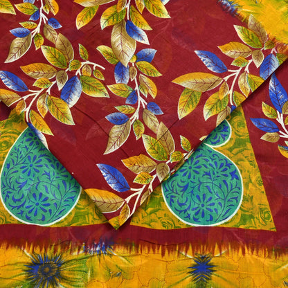 Indian Vintage Sari Maroon Printed Pure Cotton Saree Fabric Soft Floral 5Yd Sarong Wrap Boho Fabric Kimono Soft Dress Making Quilting