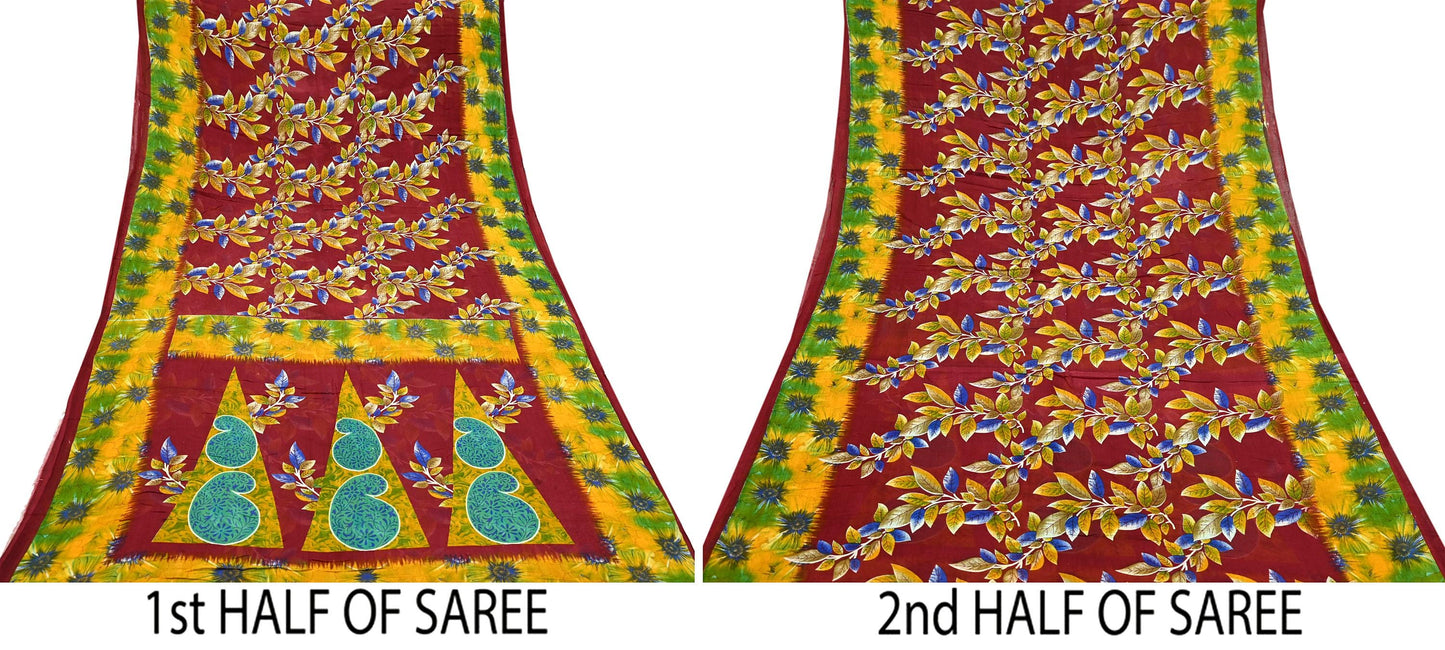 Indian Vintage Sari Maroon Printed Pure Cotton Saree Fabric Soft Floral 5Yd Sarong Wrap Boho Fabric Kimono Soft Dress Making Quilting