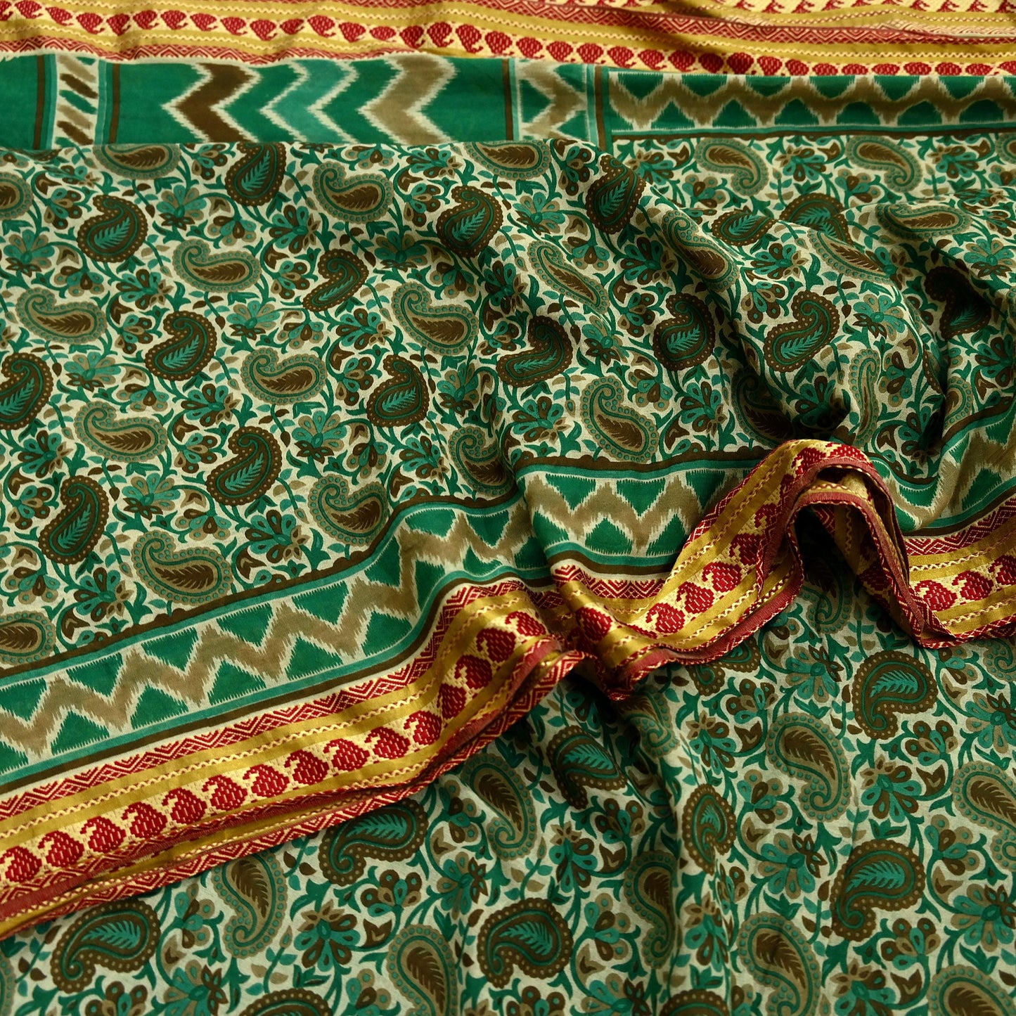 Indian Vintage Sari Beige & Green Pure Cotton Printed Sarees Craft Fabric Soft 5Yd Sarong Wrap Boho Paisley Kimono Quilting Crafting Upcycle
