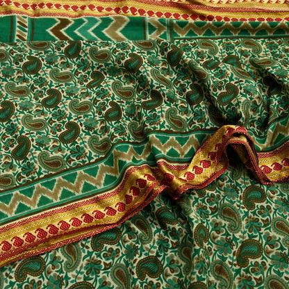 Indian Vintage Sari Beige & Green Pure Cotton Printed Sarees Craft Fabric Soft 5Yd Sarong Wrap Boho Paisley Kimono Quilting Crafting Upcycle