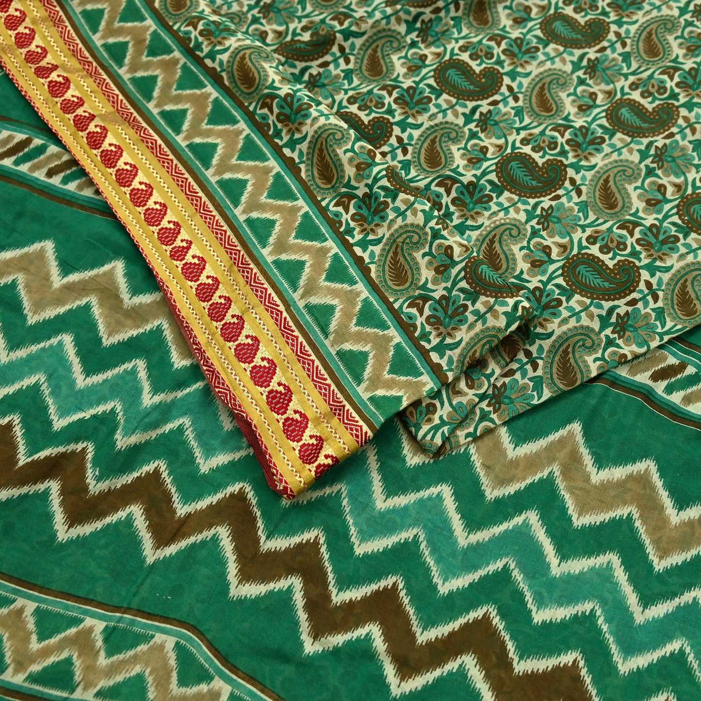 Indian Vintage Sari Beige & Green Pure Cotton Printed Sarees Craft Fabric Soft 5Yd Sarong Wrap Boho Paisley Kimono Quilting Crafting Upcycle