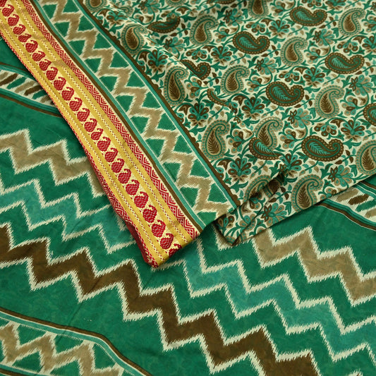Indian Vintage Sari Beige & Green Pure Cotton Printed Sarees Craft Fabric Soft 5Yd Sarong Wrap Boho Paisley Kimono Quilting Crafting Upcycle