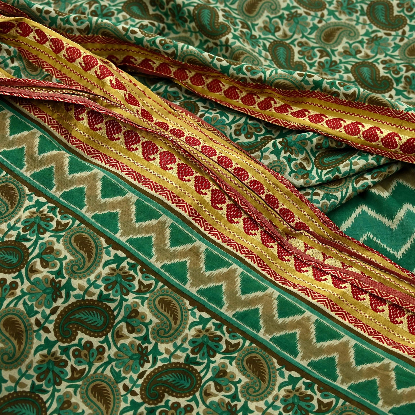 Indian Vintage Sari Beige & Green Pure Cotton Printed Sarees Craft Fabric Soft 5Yd Sarong Wrap Boho Paisley Kimono Quilting Crafting Upcycle