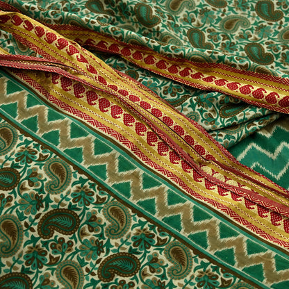 Indian Vintage Sari Beige & Green Pure Cotton Printed Sarees Craft Fabric Soft 5Yd Sarong Wrap Boho Paisley Kimono Quilting Crafting Upcycle