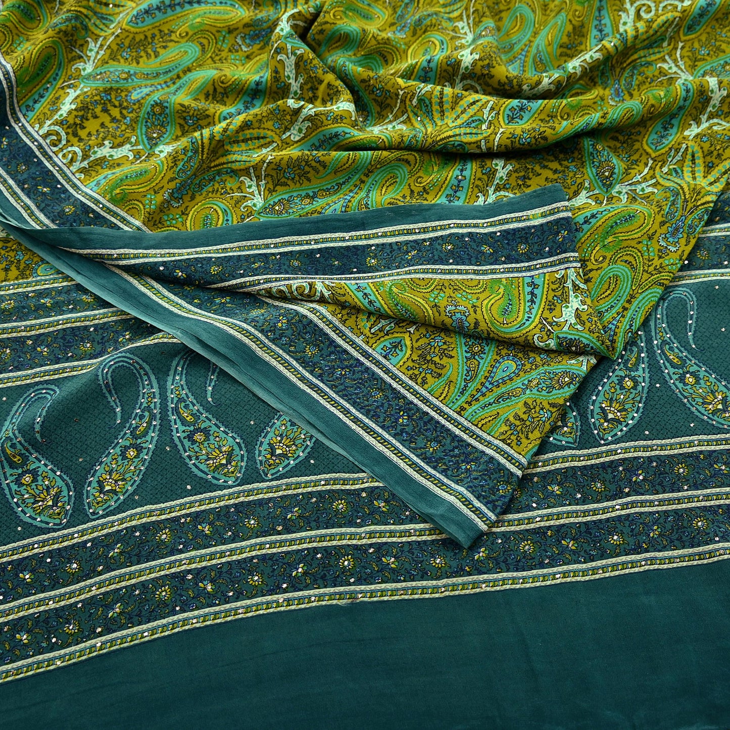 Indian Vintage Sari Pure Crepe Silk Mukesh Work Printed Saree 5yard Sewing Soft Craft Fabric Ethnic Dress making For Crafting Quilting