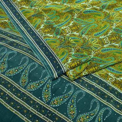 Indian Vintage Sari Pure Crepe Silk Mukesh Work Printed Saree 5yard Sewing Soft Craft Fabric Ethnic Dress making For Crafting Quilting
