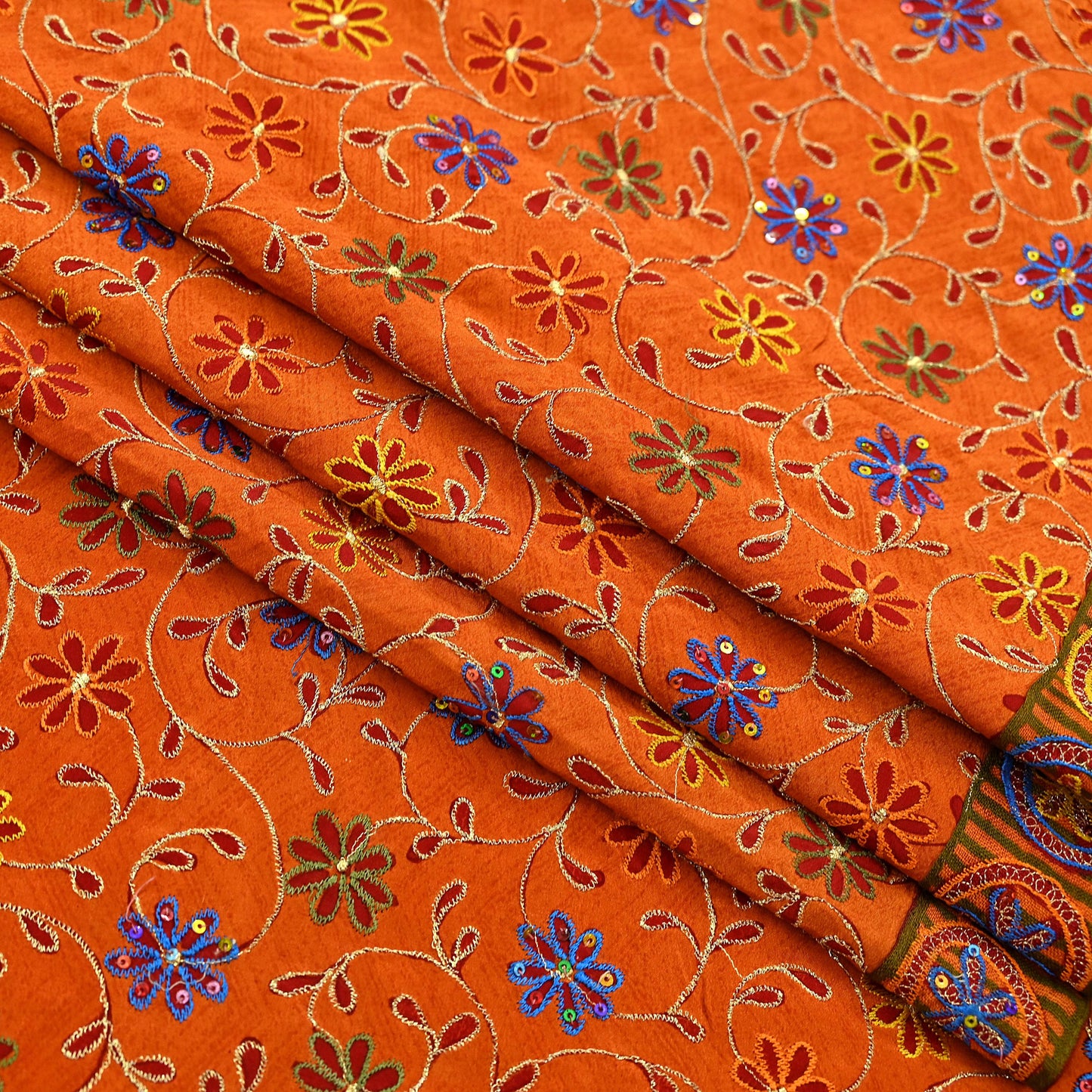 Indian Vintage Sari Orange Pure Crepe Silk Hand Embroidered Saree 5yd Sewing Floral Craft Fabric Sequins Dress making Crafting Quilting