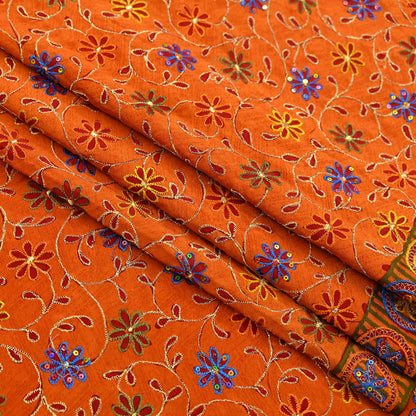 Indian Vintage Sari Orange Pure Crepe Silk Hand Embroidered Saree 5yd Sewing Floral Craft Fabric Sequins Dress making Crafting Quilting