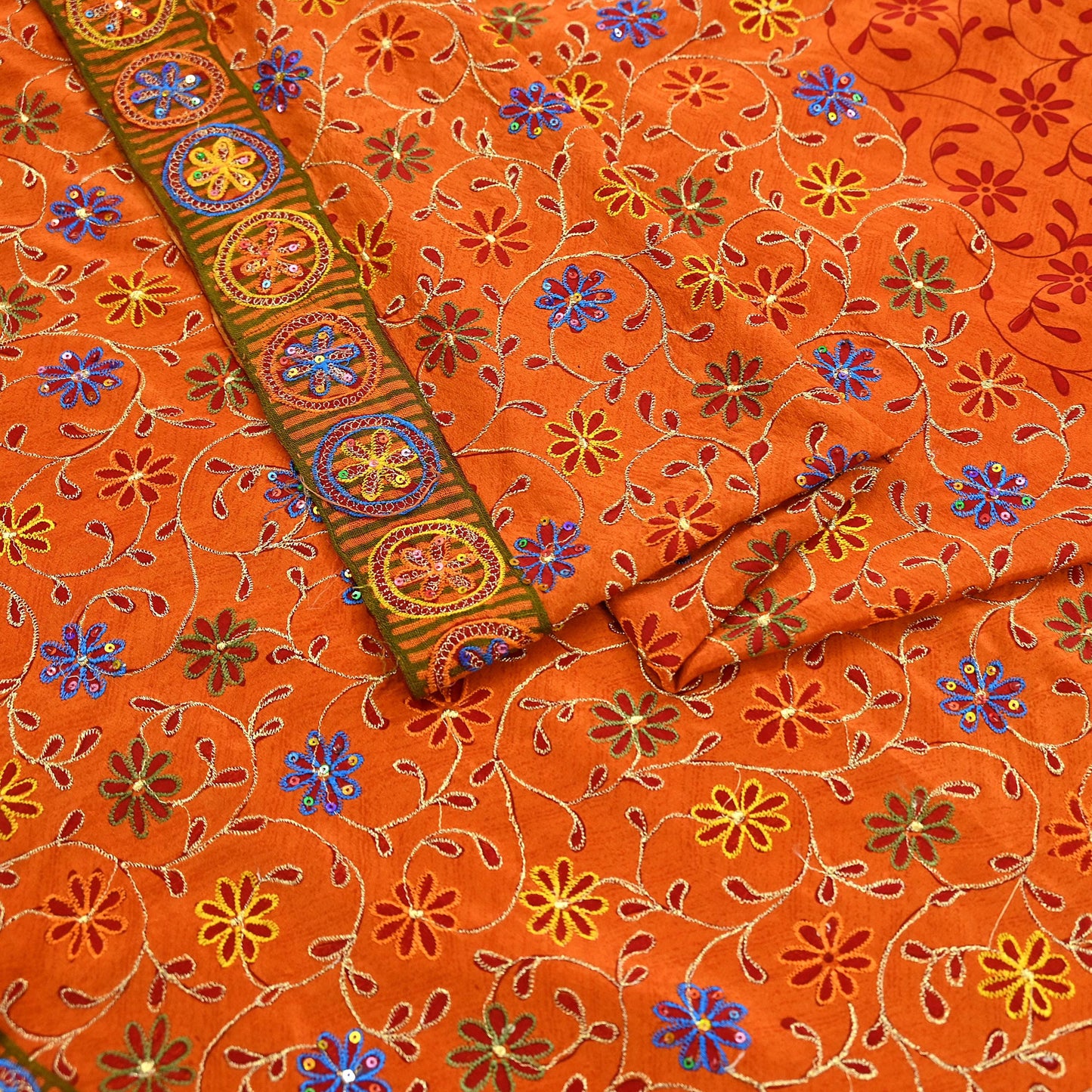 Indian Vintage Sari Orange Pure Crepe Silk Hand Embroidered Saree 5yd Sewing Floral Craft Fabric Sequins Dress making Crafting Quilting