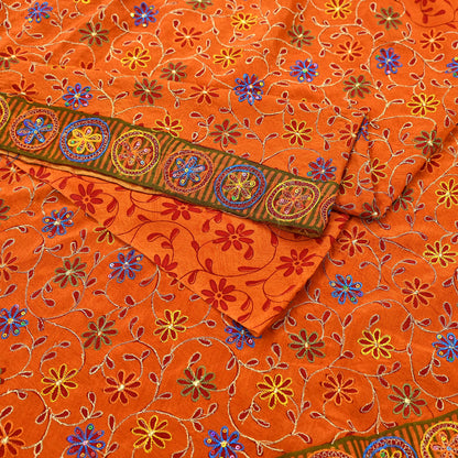 Indian Vintage Sari Orange Pure Crepe Silk Hand Embroidered Saree 5yd Sewing Floral Craft Fabric Sequins Dress making Crafting Quilting