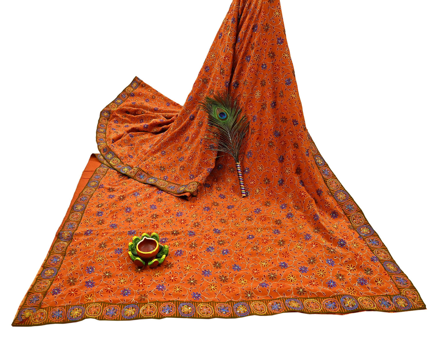 Indian Vintage Sari Orange Pure Crepe Silk Hand Embroidered Saree 5yd Sewing Floral Craft Fabric Sequins Dress making Crafting Quilting