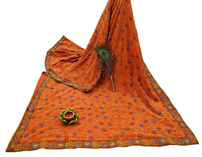 Indian Vintage Sari Orange Pure Crepe Silk Hand Embroidered Saree 5yd Sewing Floral Craft Fabric Sequins Dress making Crafting Quilting