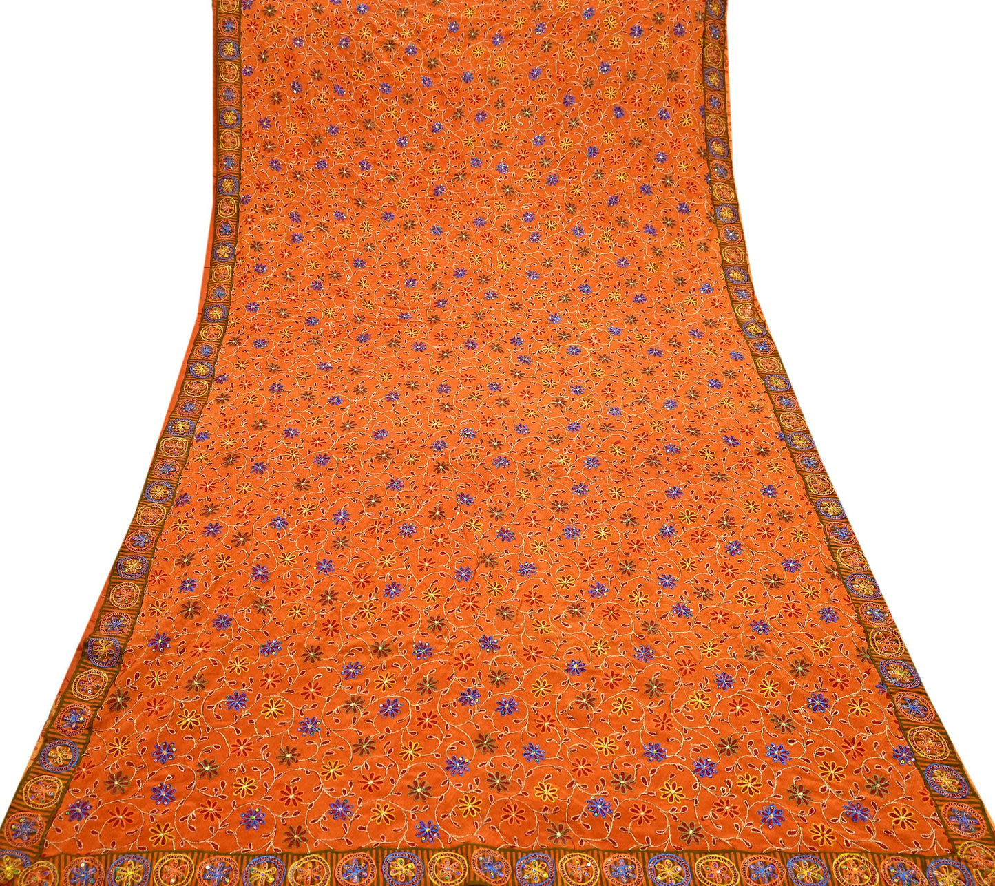 Indian Vintage Sari Orange Pure Crepe Silk Hand Embroidered Saree 5yd Sewing Floral Craft Fabric Sequins Dress making Crafting Quilting