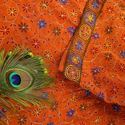 Indian Vintage Sari Orange Pure Crepe Silk Hand Embroidered Saree 5yd Sewing Floral Craft Fabric Sequins Dress making Crafting Quilting