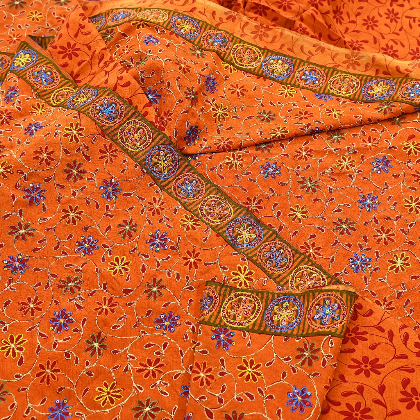 Indian Vintage Sari Orange Pure Crepe Silk Hand Embroidered Saree 5yd Sewing Floral Craft Fabric Sequins Dress making Crafting Quilting