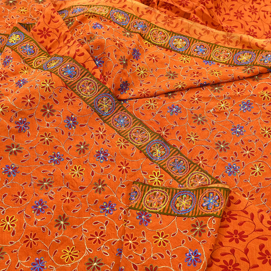 Indian Vintage Sari Orange Pure Crepe Silk Hand Embroidered Saree 5yd Sewing Floral Craft Fabric Sequins Dress making Crafting Quilting
