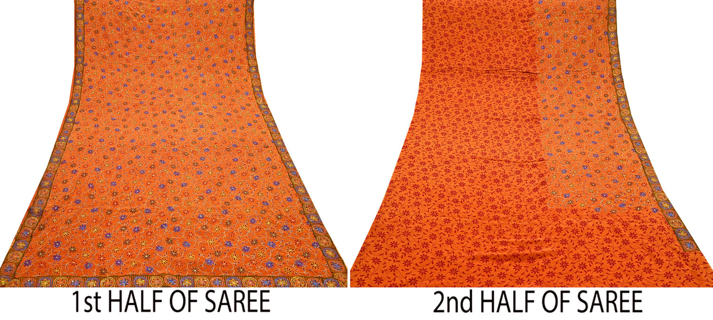 Indian Vintage Sari Orange Pure Crepe Silk Hand Embroidered Saree 5yd Sewing Floral Craft Fabric Sequins Dress making Crafting Quilting