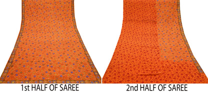 Indian Vintage Sari Orange Pure Crepe Silk Hand Embroidered Saree 5yd Sewing Floral Craft Fabric Sequins Dress making Crafting Quilting