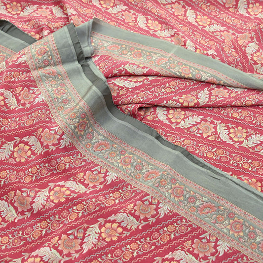 Indian Vintage Sari Green & Pink Pure Crepe Silk Printed Saree 6yd Sewing Floral Soft Craft Fabric Wrap Dress making Crafting Quilting