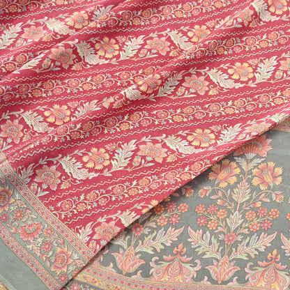 Indian Vintage Sari Green & Pink Pure Crepe Silk Printed Saree 6yd Sewing Floral Soft Craft Fabric Wrap Dress making Crafting Quilting