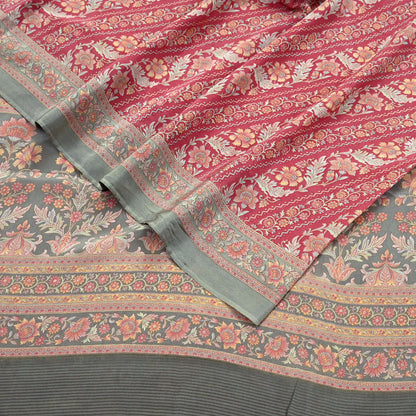 Indian Vintage Sari Green & Pink Pure Crepe Silk Printed Saree 6yd Sewing Floral Soft Craft Fabric Wrap Dress making Crafting Quilting