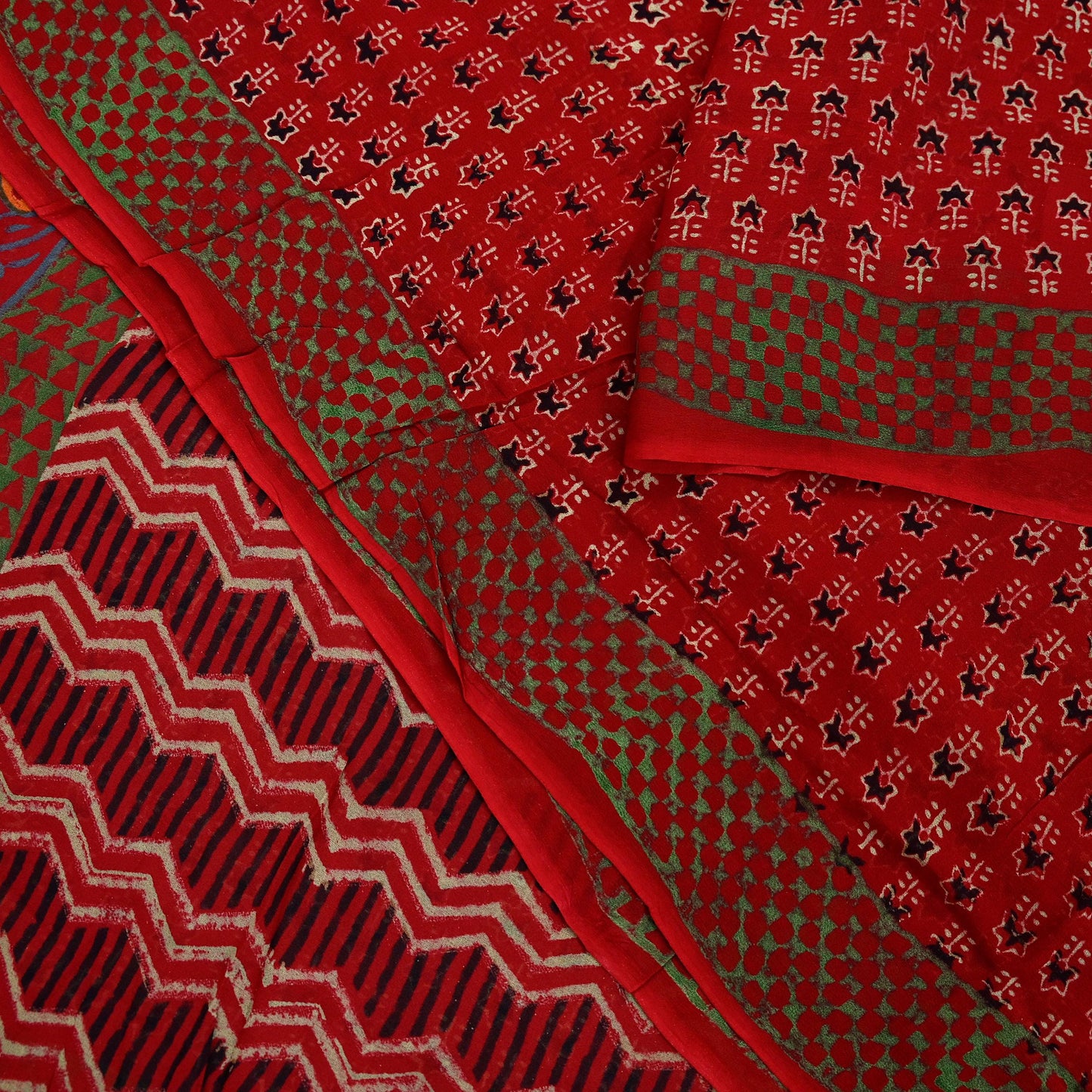 Indian Vintage Red Saree Blend Georgette Block Printed Sari Sewing 5yd Craft Fabric Dress Designing for Dress making