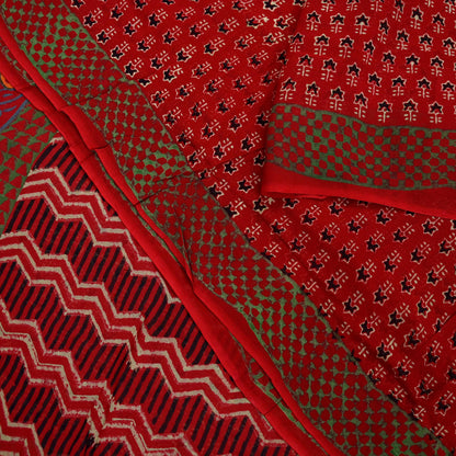 Indian Vintage Red Saree Blend Georgette Block Printed Sari Sewing 5yd Craft Fabric Dress Designing for Dress making